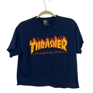 Thrasher Skating Classic Flames Navy Blue Graphic Crop Top Size Medium